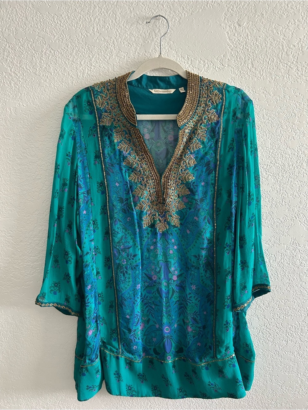 Soft Surroundings Boho Blue Green V-neck Embellished Bronte Tunic Blouse Top - Picture 6 of 11